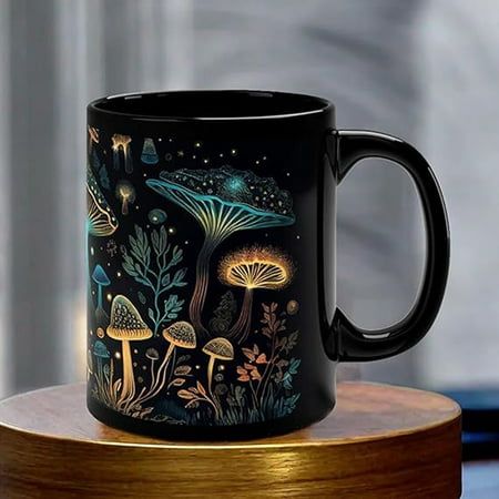 holloyiver 350ml bioluminescent mushroom mug black coffee cup, cute coffee and tea mug, ceramic coffee mugs for women and men